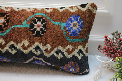Handmade Turkish Kilim Lumbar Pillow Cover: Organic Wool, Vintage Rug (12x24 in)