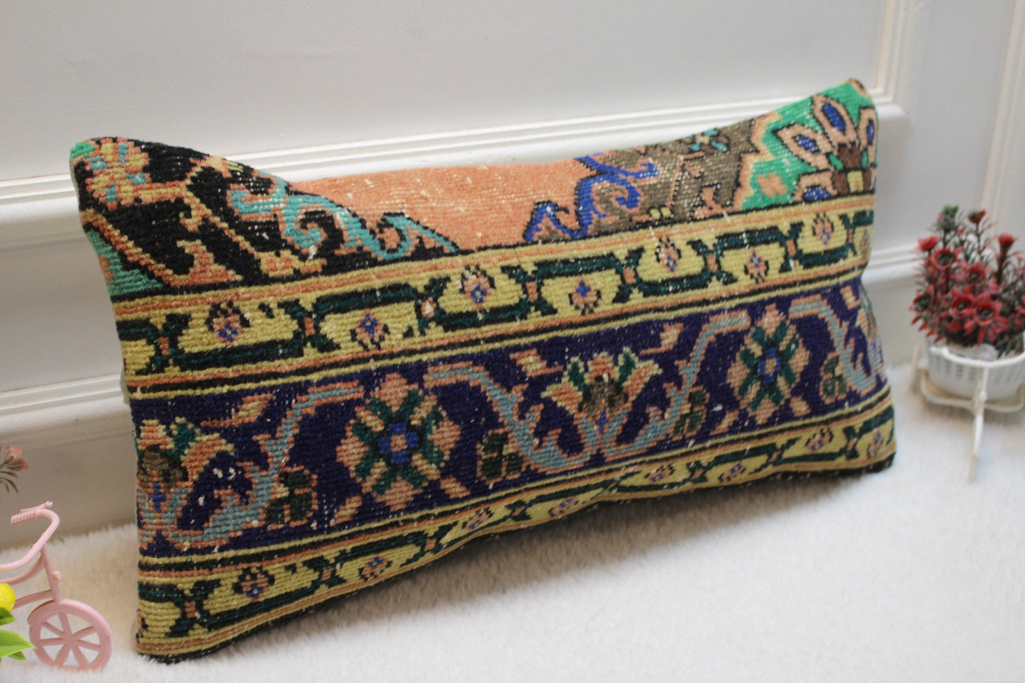 Geometric Turkish Rug Lumbar Pillow Cover: Vintage Woven Wool, 12x24 inc