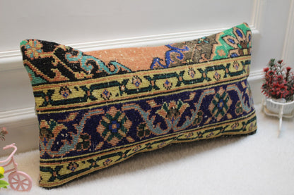 Geometric Turkish Rug Lumbar Pillow Cover: Vintage Woven Wool, 12x24 inc