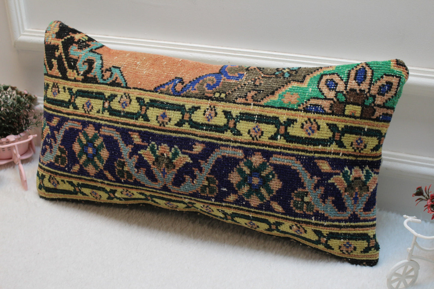 Geometric Turkish Rug Lumbar Pillow Cover: Vintage Woven Wool, 12x24 inc