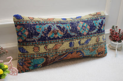 Vintage Turkish Rug Lumbar Pillow Cover: Blue Beige Woven Wool, 12x24 inc