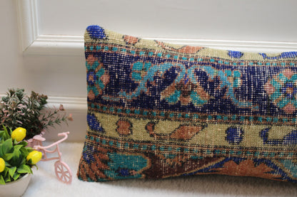 Vintage Turkish Rug Lumbar Pillow Cover: Blue Beige Woven Wool, 12x24 inc