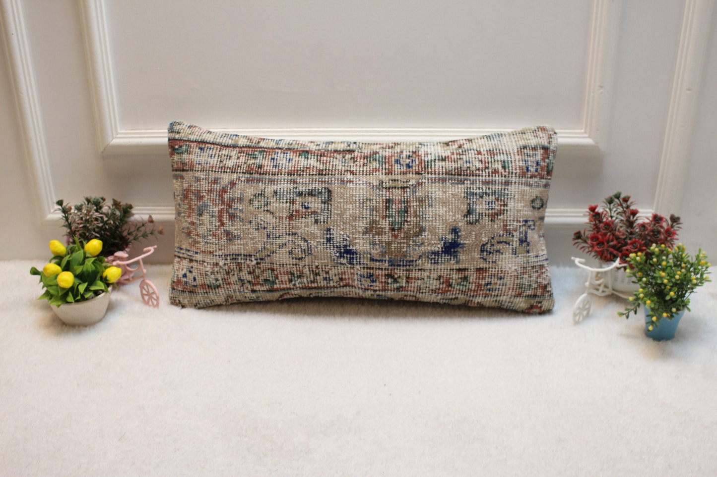 Vintage Turkish Rug Lumbar Pillow Cover: Beige & Blue, 12x24 inch