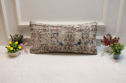 Vintage Turkish Rug Lumbar Pillow Cover: Beige & Blue, 12x24 inch