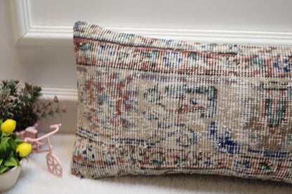Vintage Turkish Rug Lumbar Pillow Cover: Beige & Blue, 12x24 inch