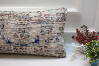 Vintage Turkish Rug Lumbar Pillow Cover: Beige & Blue, 12x24 inch