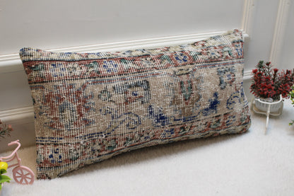 Vintage Turkish Rug Lumbar Pillow Cover: Beige & Blue, 12x24 inch