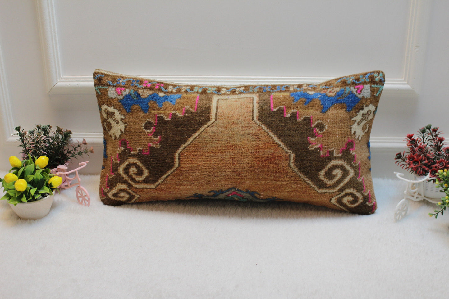 Vintage Turkish Rug Lumbar Pillow: Brown Wool Throw Pillow Case (12x24 in)