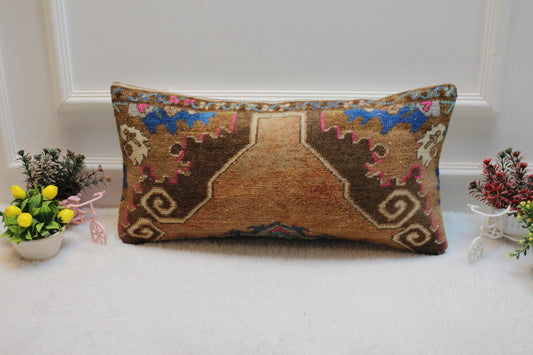 Vintage Turkish Rug Lumbar Pillow: Brown Wool Throw Pillow Case (12x24 in)