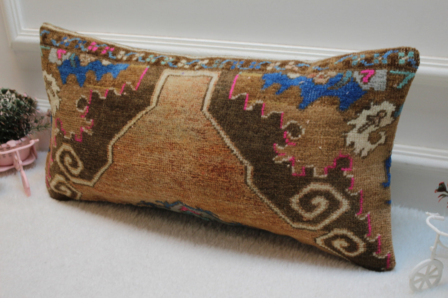 Vintage Turkish Rug Lumbar Pillow: Brown Wool Throw Pillow Case (12x24 in)