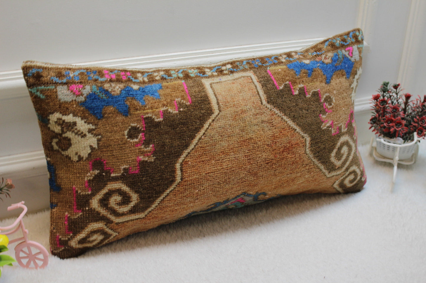 Vintage Turkish Rug Lumbar Pillow: Brown Wool Throw Pillow Case (12x24 in)