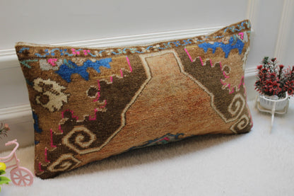 Vintage Turkish Rug Lumbar Pillow: Brown Wool Throw Pillow Case (12x24 in)