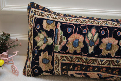 Blue Floral Kilim Lumbar Pillow Cover: Vintage Rug Pillow (12x24 in)