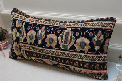 Blue Floral Kilim Lumbar Pillow Cover: Vintage Rug Pillow (12x24 in)
