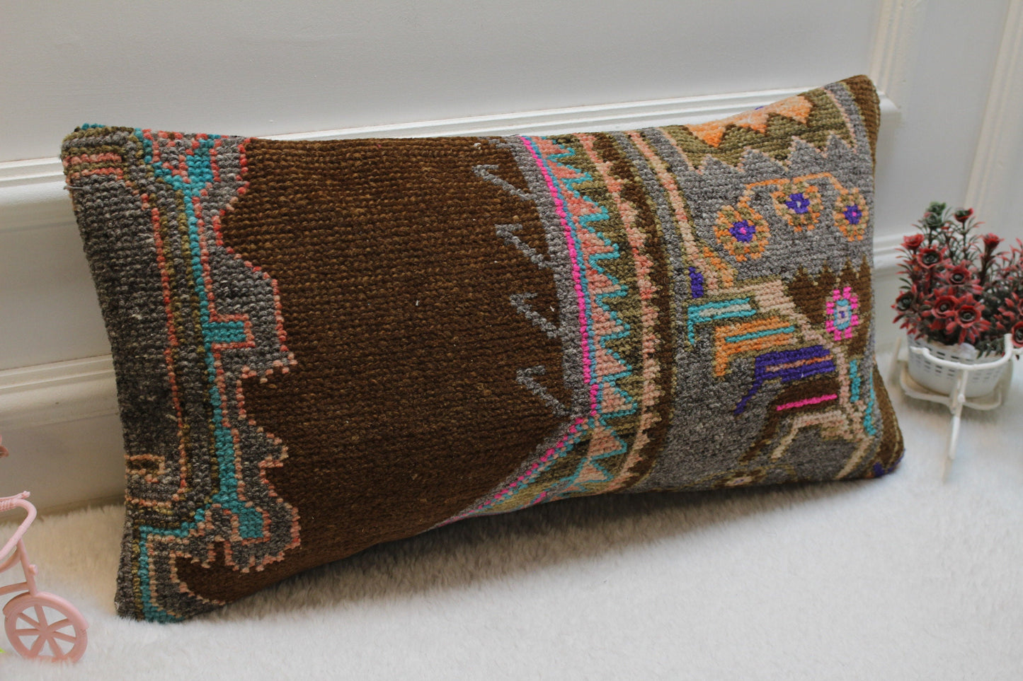 Handmade Turkish Kilim Lumbar Pillow Cover: Brown Woven Rug, 12x24 inc