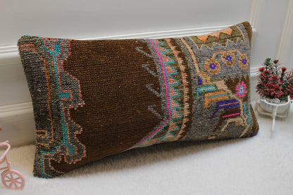 Handmade Turkish Kilim Lumbar Pillow Cover: Brown Woven Rug, 12x24 inc