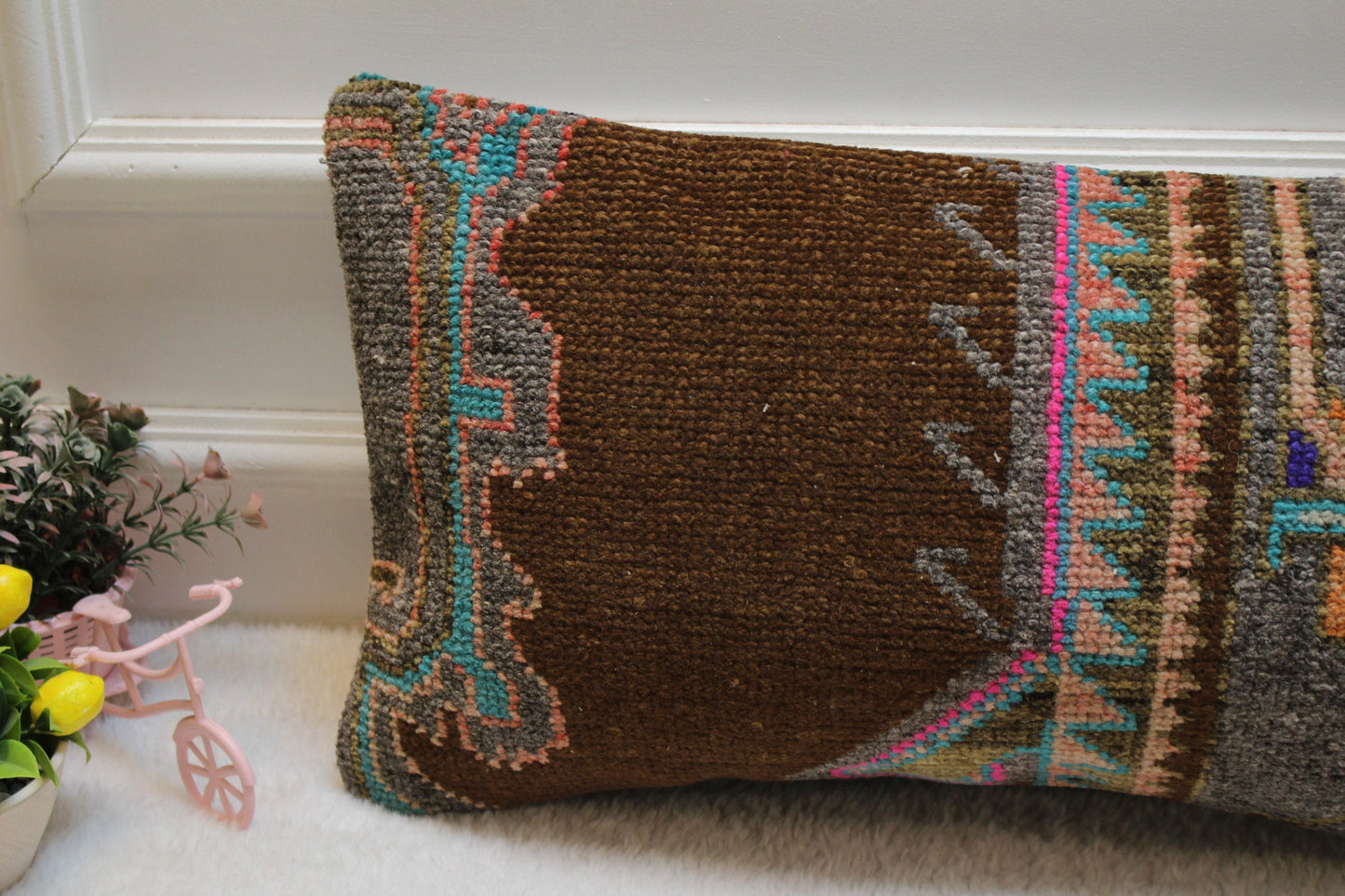 Handmade Turkish Kilim Lumbar Pillow Cover: Brown Woven Rug, 12x24 inc