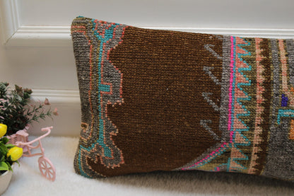 Handmade Turkish Kilim Lumbar Pillow Cover: Brown Woven Rug, 12x24 inc