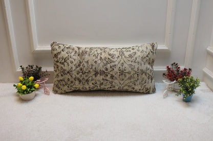 Handmade Kilim Lumbar Pillow Cover: Beige Floral, Upcycled Rug (12x24 in)