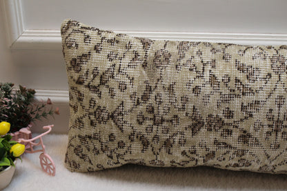 Handmade Kilim Lumbar Pillow Cover: Beige Floral, Upcycled Rug (12x24 in)