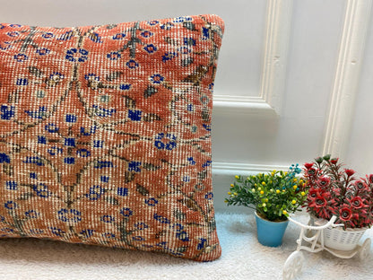 Red Floral Lumbar Pillow Cover: Handmade Wool Anatolian Throw Pillow (16x24 in)