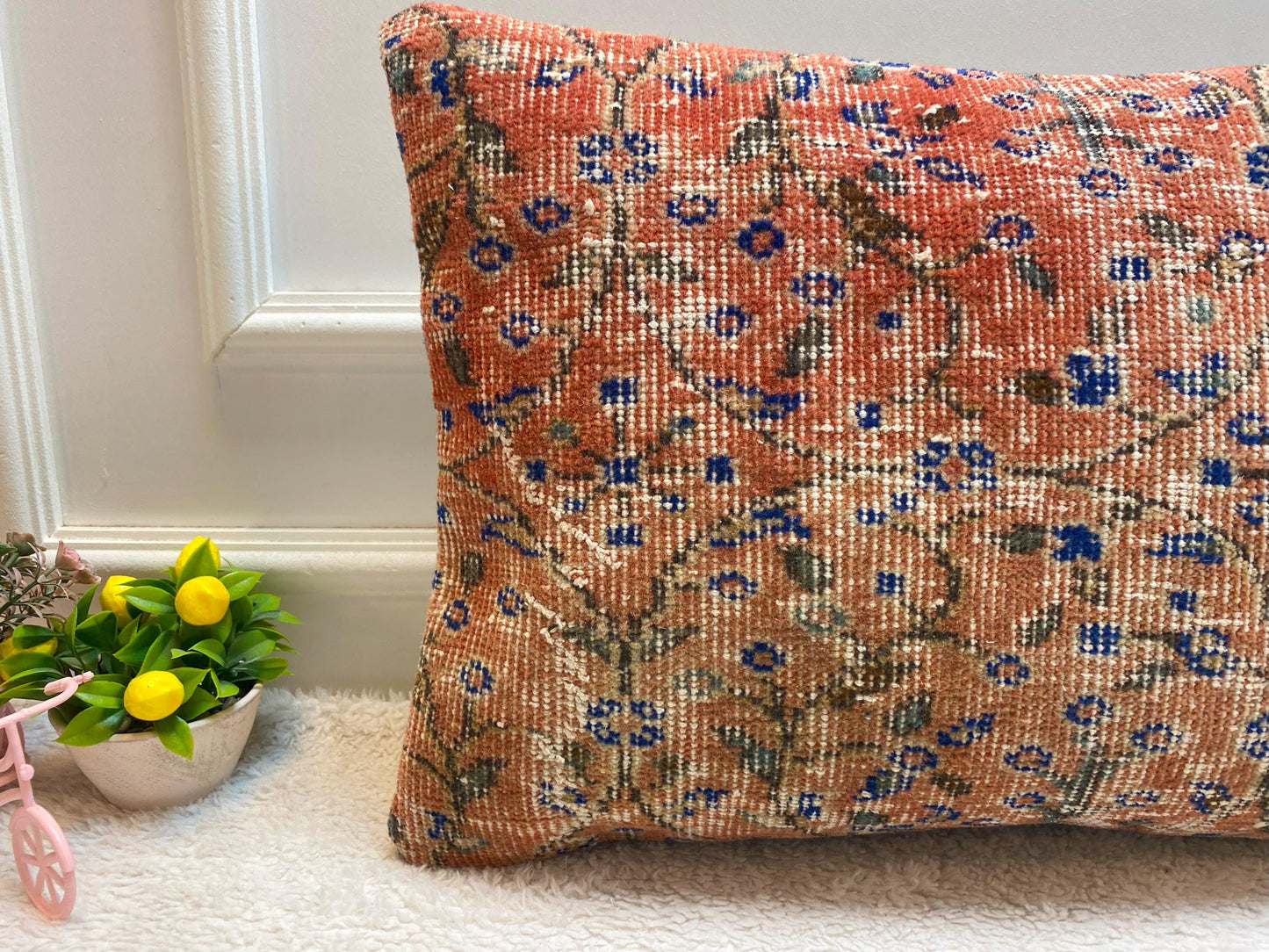 Red Floral Lumbar Pillow Cover: Handmade Wool Anatolian Throw Pillow (16x24 in)