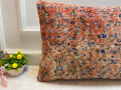Red Floral Lumbar Pillow Cover: Handmade Wool Anatolian Throw Pillow (16x24 in)