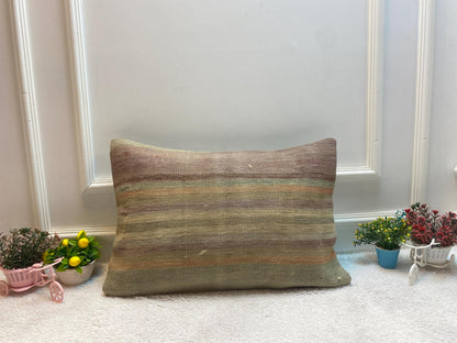 Striped Kilim Lumbar Pillow Cover: Vintage Woven Wool, 16x24 inch