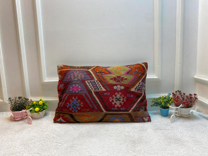 Geometric Kilim Lumbar Pillow Cover: Vintage Red Woven Wool (16x24 in)