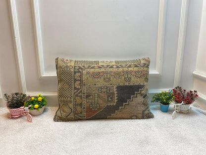 Geometric Turkish Rug Lumbar Pillow: Vintage Woven Wool (16x24 in)