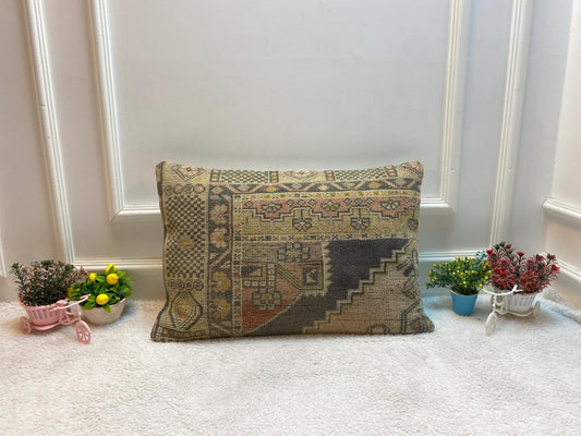 Geometric Turkish Rug Lumbar Pillow: Vintage Woven Wool (16x24 in)