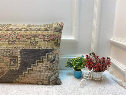 Geometric Turkish Rug Lumbar Pillow: Vintage Woven Wool (16x24 in)