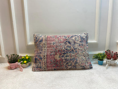 Vintage Turkish Rug Lumbar Pillow Cover: Purple Blue Wool, 16x24 inch
