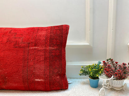 Red Kilim Pillow Cover: Organic Wool Lumbar Pillow (16x24 in)