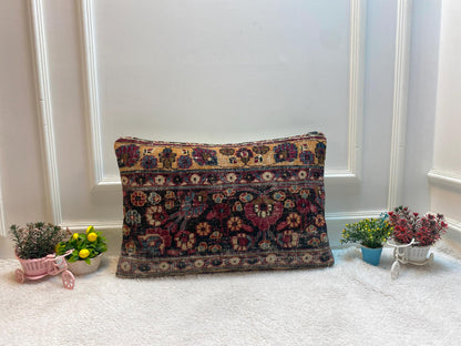 Floral Kilim Lumbar Pillow Cover: Handmade Wool Anatolian Rug (16x24 in)