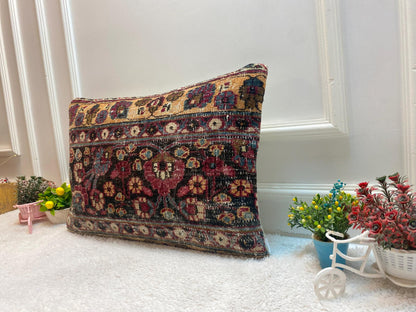 Floral Kilim Lumbar Pillow Cover: Handmade Wool Anatolian Rug (16x24 in)