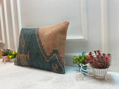 Lumbar Kilim Pillow Cover: Orange & Gray Turkish Rug, 16x24 inc