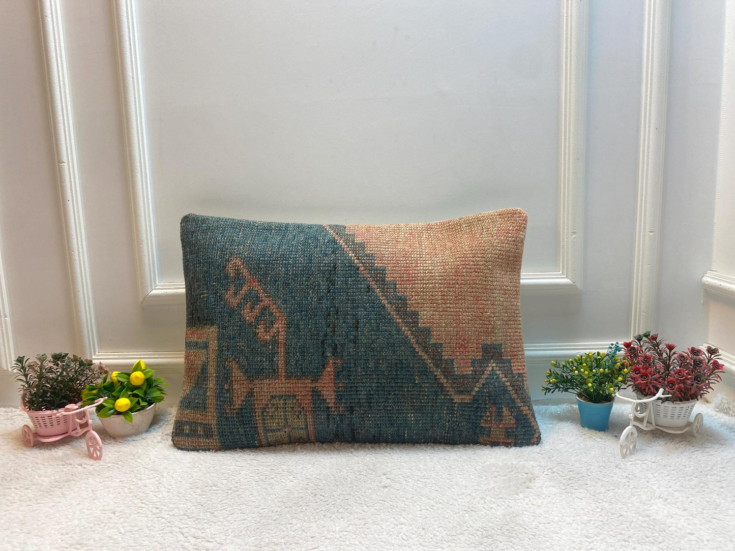 Lumbar Kilim Pillow Cover: Orange & Gray Turkish Rug, 16x24 inc