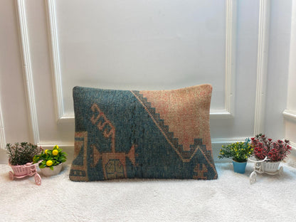 Lumbar Kilim Pillow Cover: Orange & Gray Turkish Rug, 16x24 inc