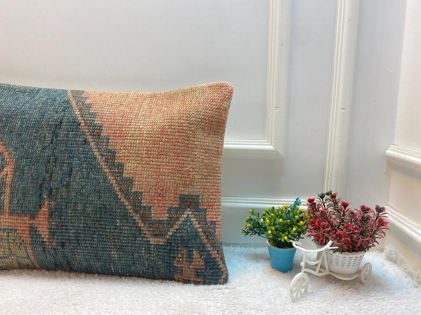 Lumbar Kilim Pillow Cover: Orange & Gray Turkish Rug, 16x24 inc