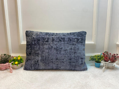 Handmade Gray Kilim Lumbar Pillow Cover: Upcycled Rug, 16x24 inch