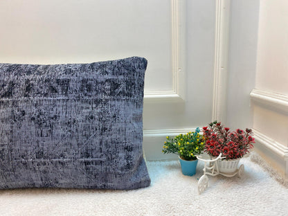 Handmade Gray Kilim Lumbar Pillow Cover: Upcycled Rug, 16x24 inch