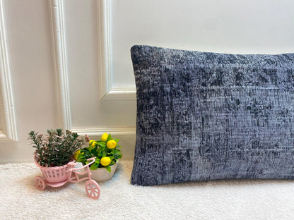 Handmade Gray Kilim Lumbar Pillow Cover: Upcycled Rug, 16x24 inch