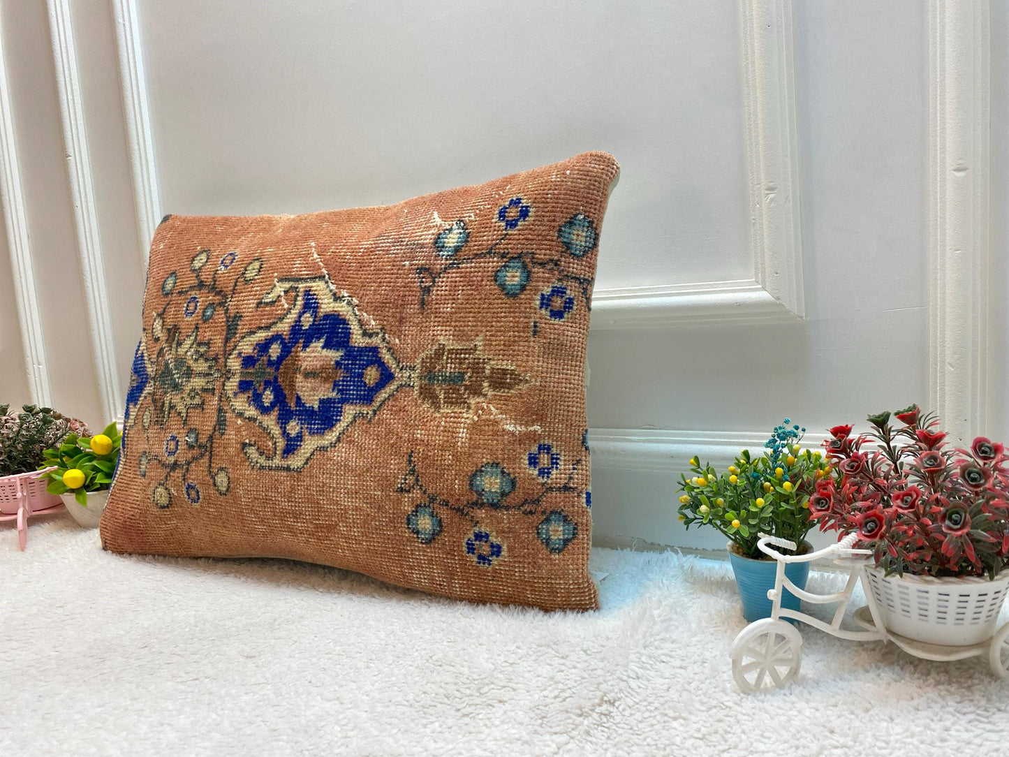 Handmade Kilim Lumbar Pillow Cover: Upcycled Woven Wool, Orange Blue (16x24 inc)