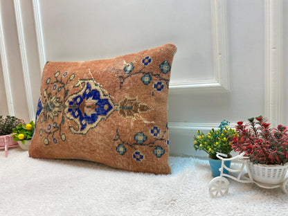 Handmade Kilim Lumbar Pillow Cover: Upcycled Woven Wool, Orange Blue (16x24 inc)
