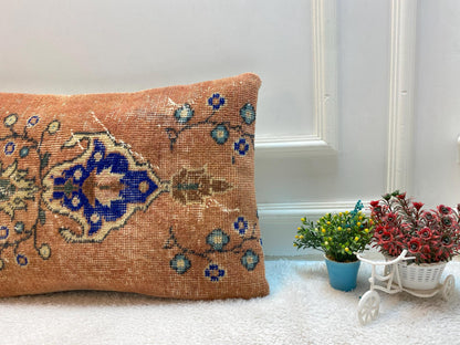 Handmade Kilim Lumbar Pillow Cover: Upcycled Woven Wool, Orange Blue (16x24 inc)