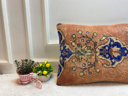 Handmade Kilim Lumbar Pillow Cover: Upcycled Woven Wool, Orange Blue (16x24 inc)