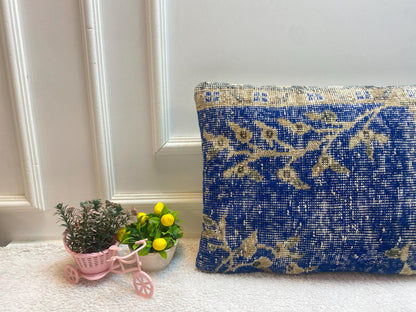 Blue Kilim Pillow Cover: Handmade Organic Wool Throw Pillow (16x24 inc)