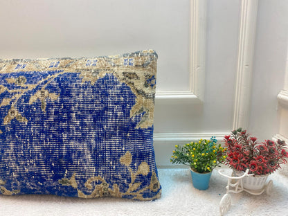 Blue Kilim Pillow Cover: Handmade Organic Wool Throw Pillow (16x24 inc)