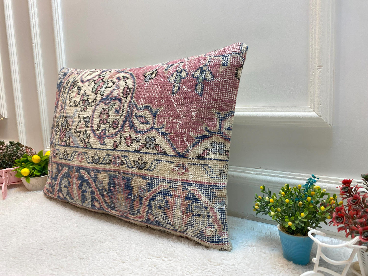 Vintage Turkish Rug Lumbar Pillow: Organic Wool Boho Design (16x24 in)
